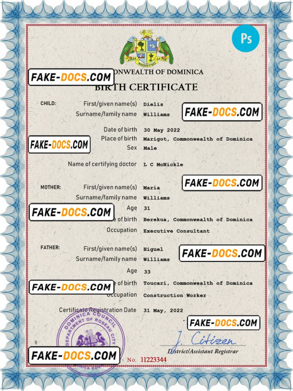Dominica vital record birth certificate PSD template