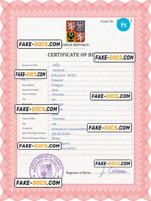 Czechia vital record birth certificate PSD template, completely editable