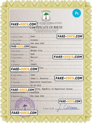 Equatorial Guinea birth certificate PSD template, completely editable