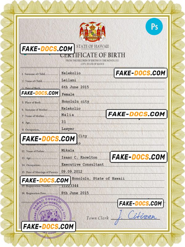 Hawaii birth certificate PSD template, completely editable