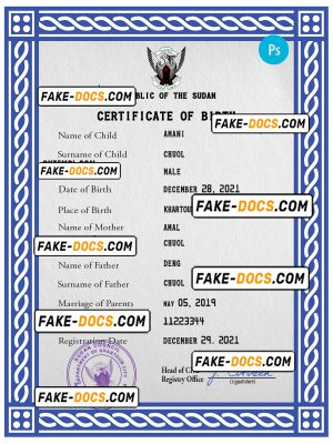 Sudan vital record birth certificate PSD template