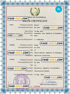 Guatemala vital record birth certificate PSD template