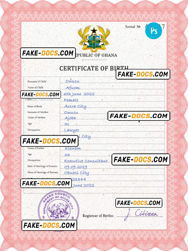 Ghana vital record birth certificate PSD template, completely editable