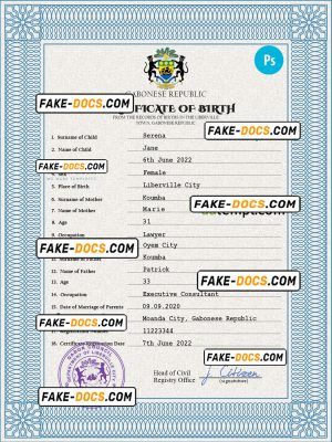 Gabon birth certificate PSD template, completely editable