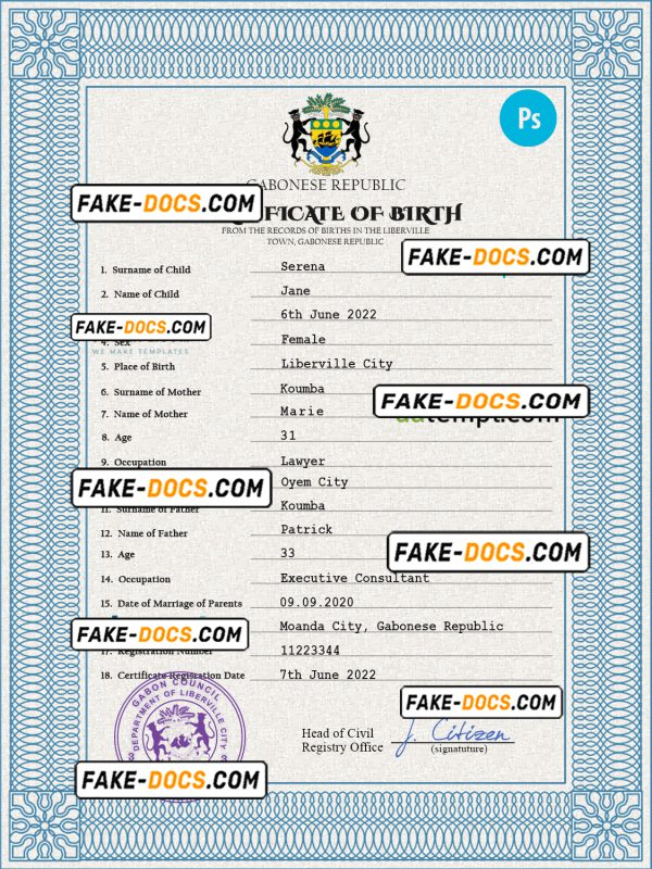 Gabon birth certificate PSD template, completely editable
