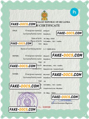 Sri Lanka vital record birth certificate PSD template