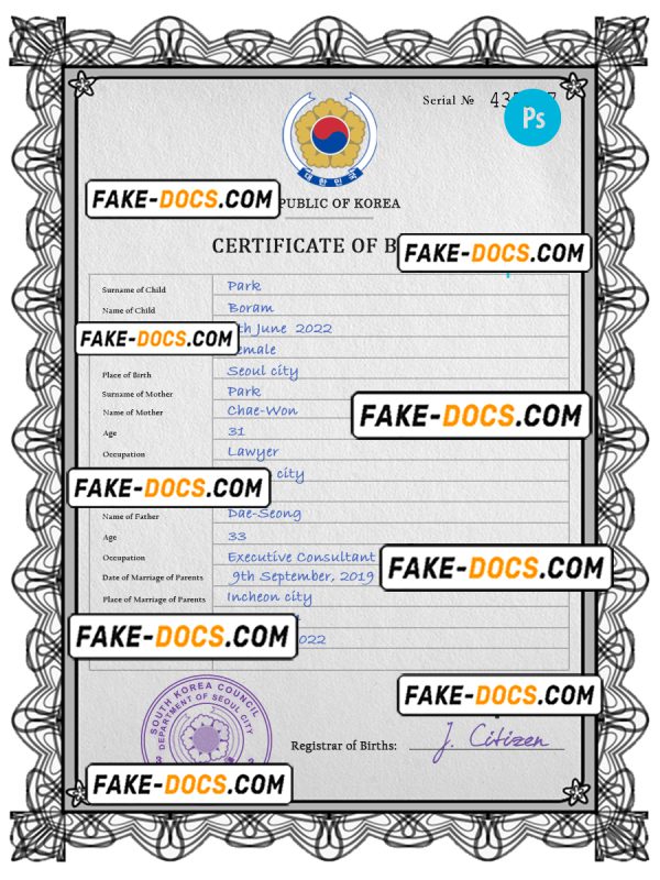 South Korea birth certificate PSD template, completely editable