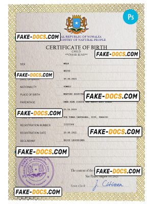Somalia vital record birth certificate PSD template