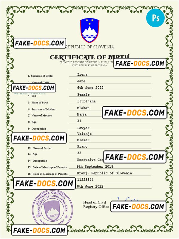 Slovenia birth certificate PSD template, completely editable