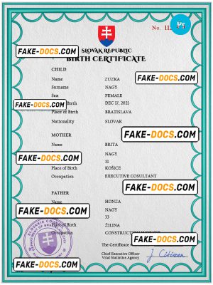 Slovakia birth certificate PSD template, completely editable