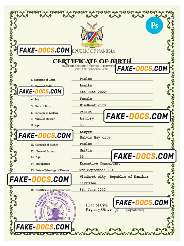 Namibia vital record birth certificate PSD template, fully editable