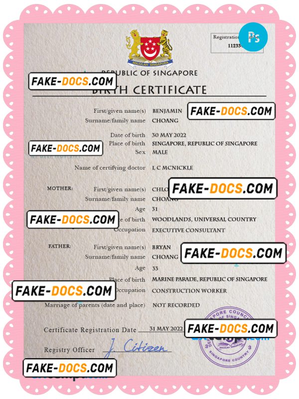 Singapore vital record birth certificate PSD template