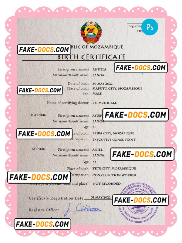 Mozambique birth certificate PSD template, completely editable