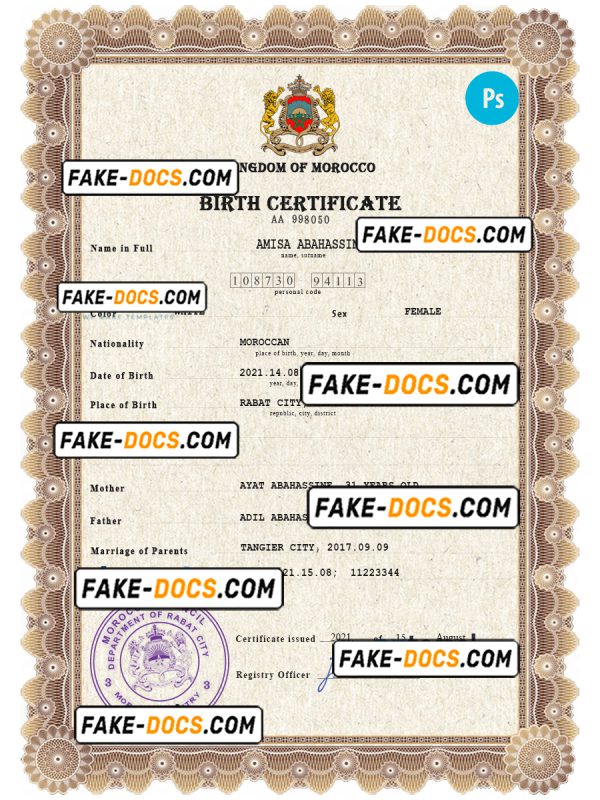 Morocco vital record birth certificate PSD template, fully editable