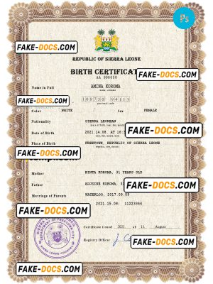 Sierra Leone vital record birth certificate PSD template, fully editable