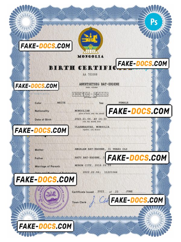 Mongolia birth certificate PSD template, completely editable