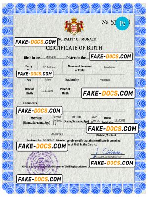 Monaco vital record birth certificate PSD template, fully editable