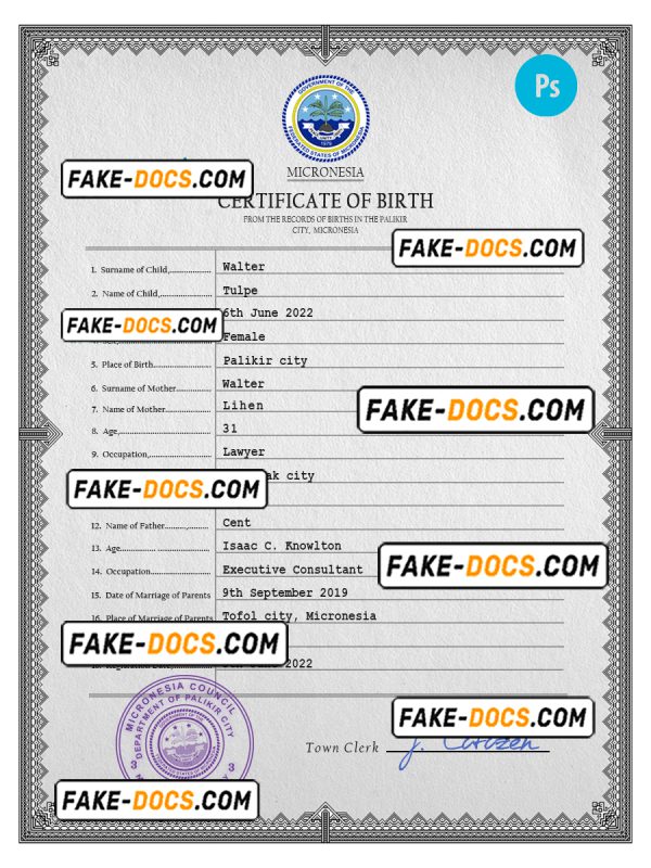 Micronesia birth certificate PSD template, completely editable