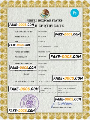 Mexico vital record birth certificate PSD template, fully editable