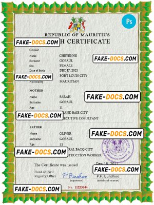 Mauritius vital record birth certificate PSD template