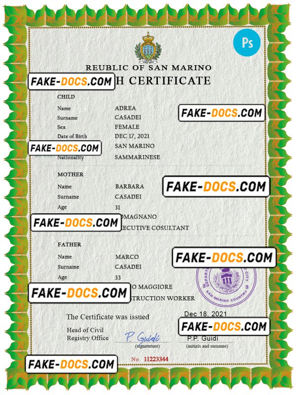San Marino birth certificate PSD template, completely editable