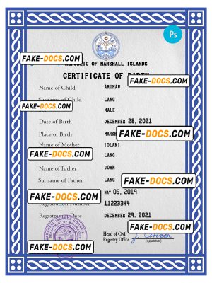 Marshall Islands vital record birth certificate PSD template, fully editable