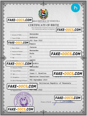 Venezuela vital record birth certificate PSD template