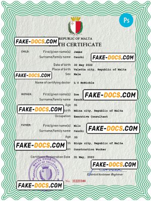 Malta vital record birth certificate PSD template