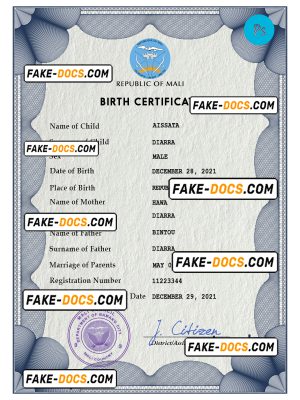 Mali birth certificate PSD template, completely editable
