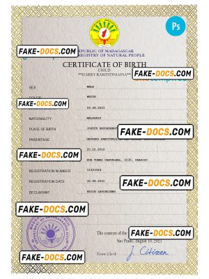 Madagascar birth certificate PSD template, completely editable