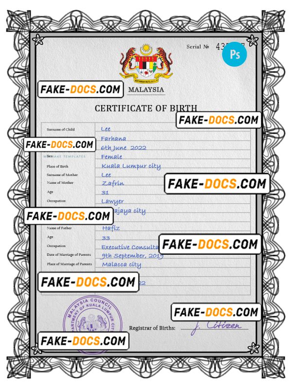 Malaysia vital record birth certificate PSD template, fully editable