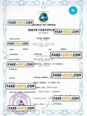Liberia vital record birth certificate PSD template, completely editable