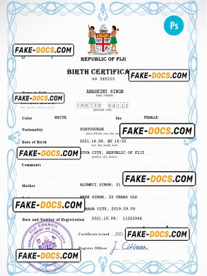 Fiji vital record birth certificate PSD template, fully editable