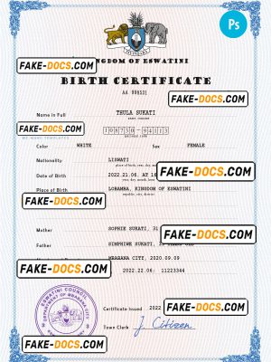Eswatini vital record birth certificate PSD template, completely editable