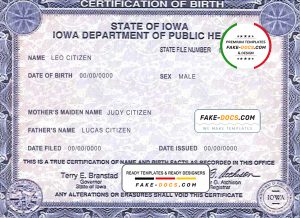 USA Iowa state birth certificate template in PSD format, fully editable