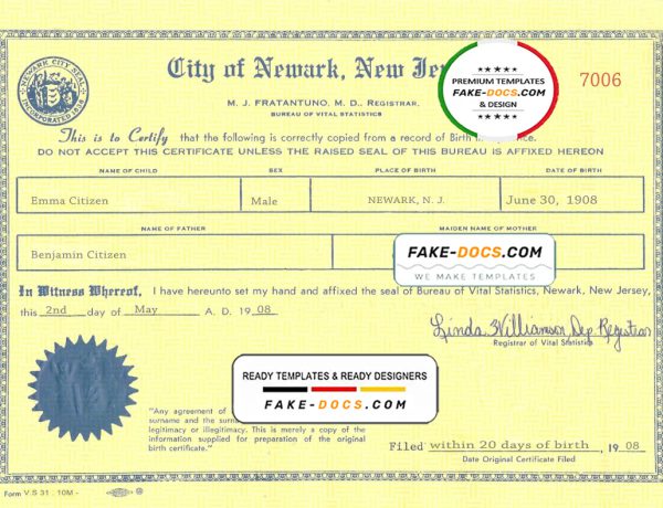 USA New Jersey state birth certificate template in PSD format, fully editable