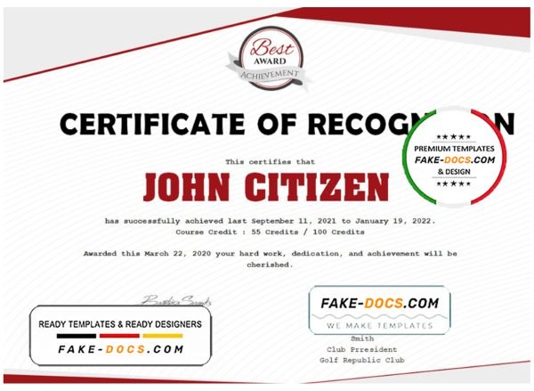 USA Recognition Certificate template in Word and PDF format, version 2