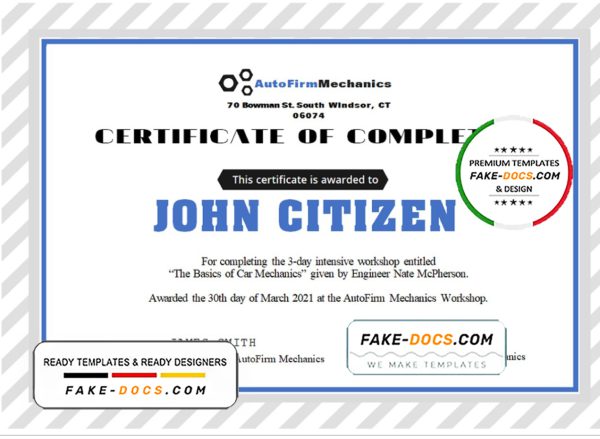 USA Car Workshop Experience Certificate template in Word and PDF format