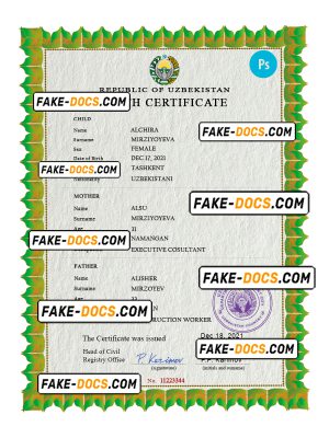 Uzbekistan birth certificate PSD template, completely editable