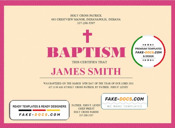 USA Baptism Certificate template in Word and PDF format