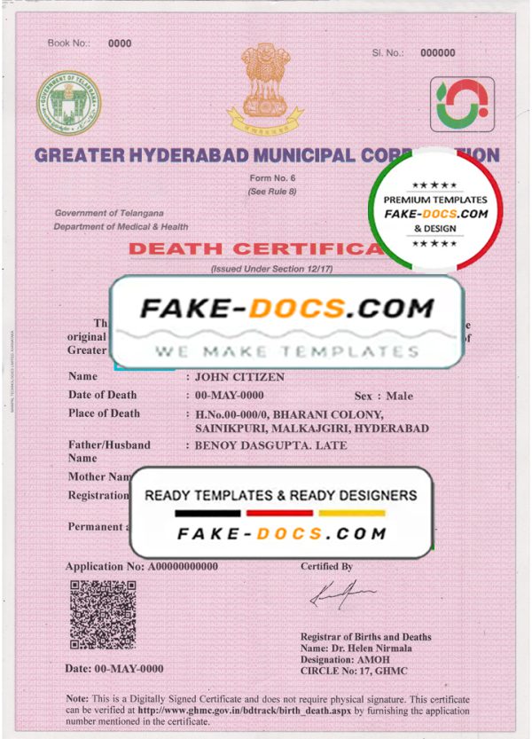 India death certificate template in PSD format, fully editable