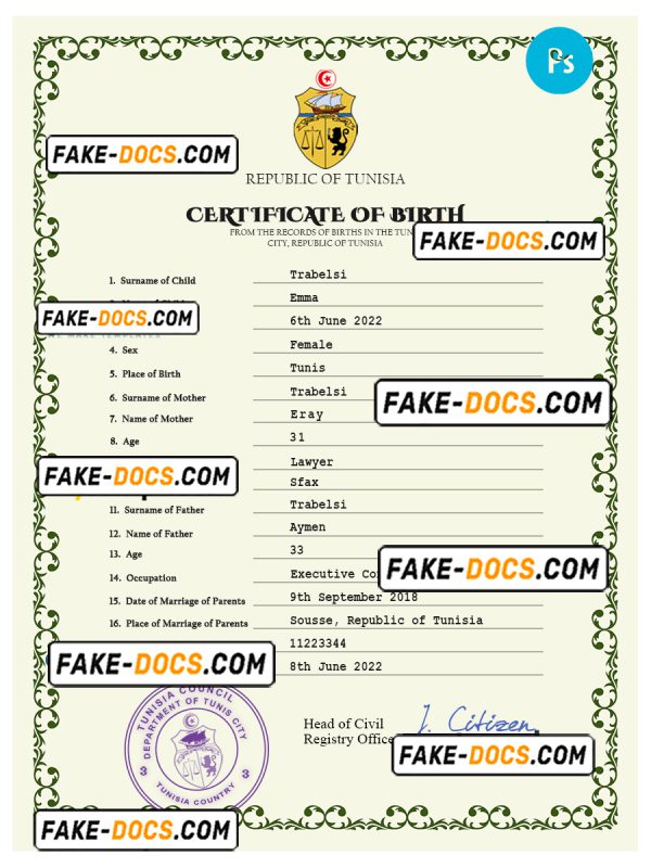 Tunisia vital record birth certificate PSD template