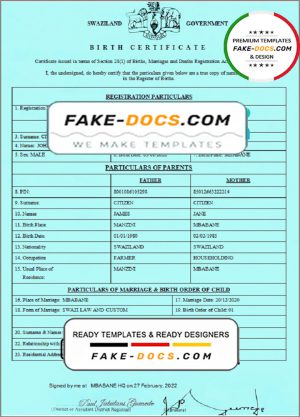 Swaziland birth certificate template in Word and PDF format Swaziland birth certificate template in Word and PDF format