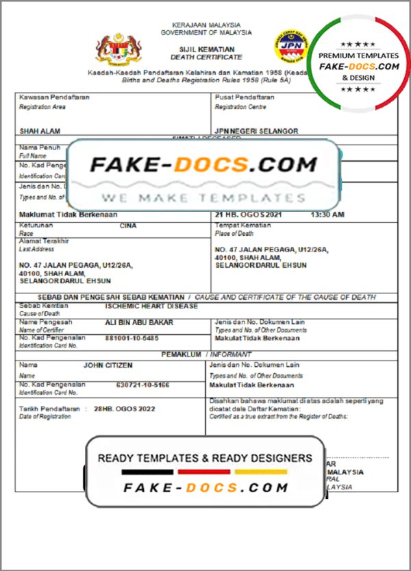 Malaysia death certificate template in Word and PDF format