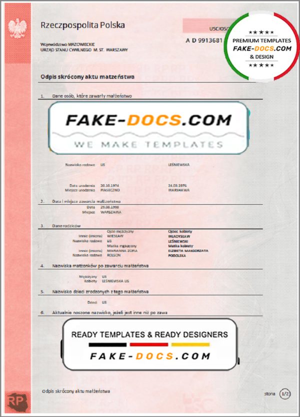 Poland marriage certificate template in Word and PDF format scan