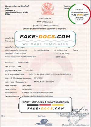 India death certificate template in Word and PDF format