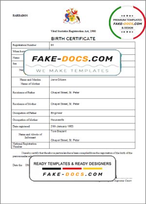 Barbados birth certificate template in Word and PDF format