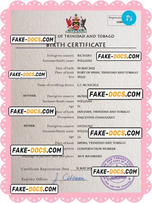 Trinidad and Tobago vital record birth certificate PSD template, fully editable