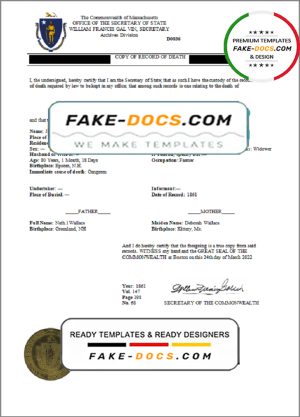 USA Massachussetts Death Certificate statement template in Word and PDF format USA Massachussetts Death Certificate statement template in Word and PDF format