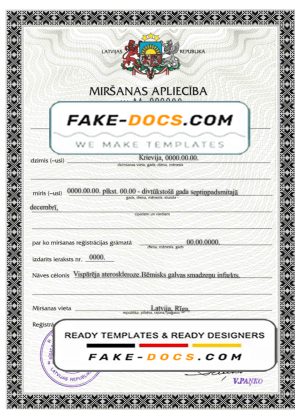 Latvia death certificate template in PSD format, fully editable